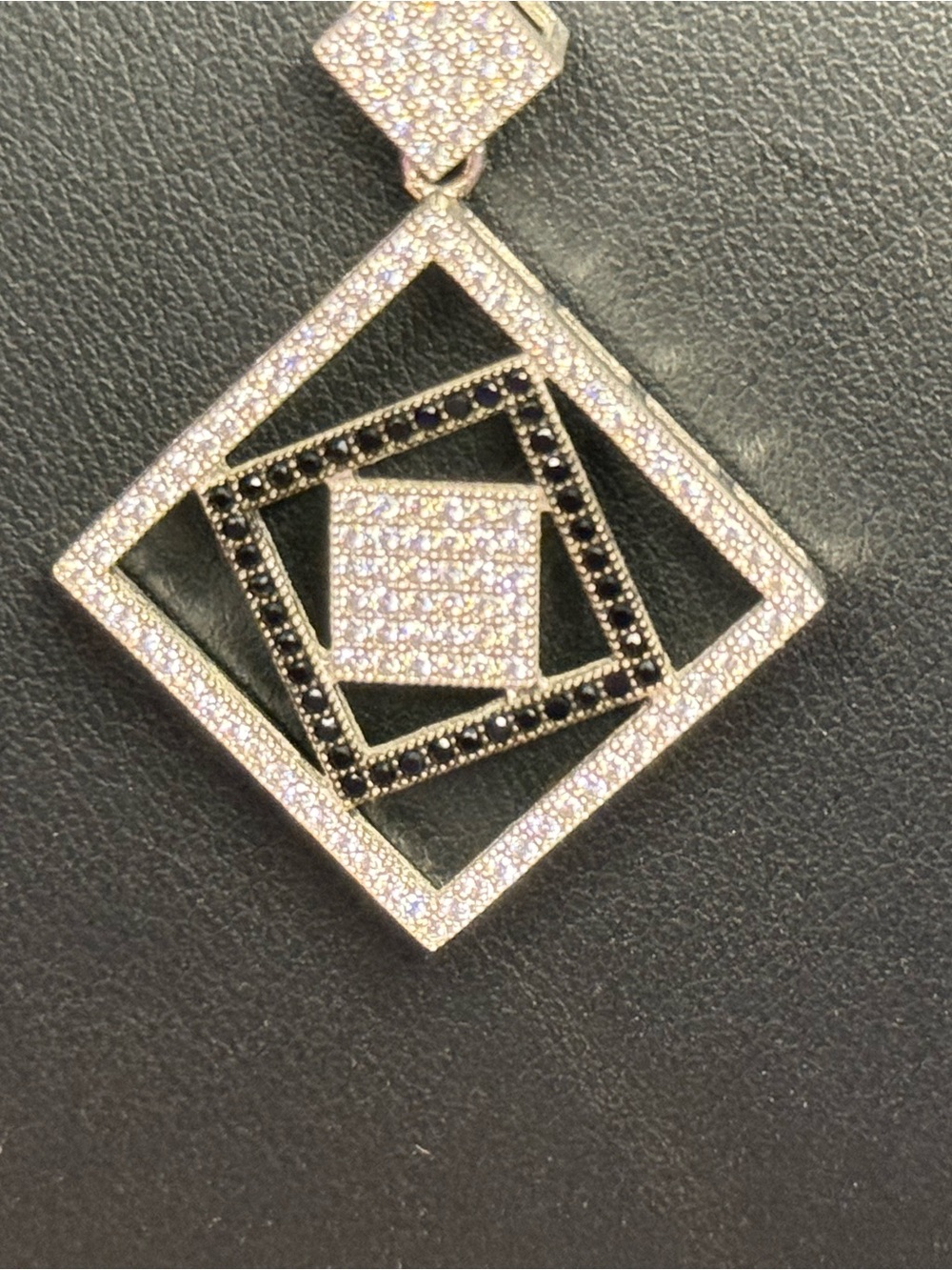 Pavé 925 Sterling Silver Square-in-Square Pendant in White and Black Moissanite